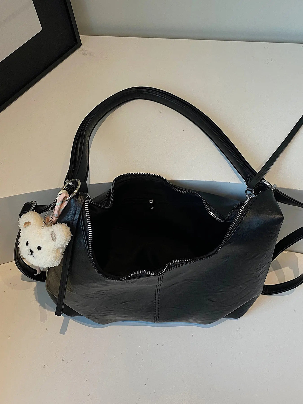 Retro Crescent Shoulder Bag with Bear Pendant