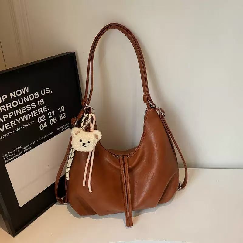 Retro Crescent Shoulder Bag with Bear Pendant