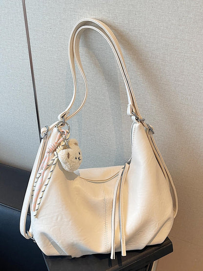 Retro Crescent Shoulder Bag with Bear Pendant