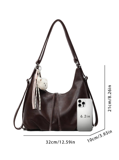 Retro Crescent Shoulder Bag with Bear Pendant