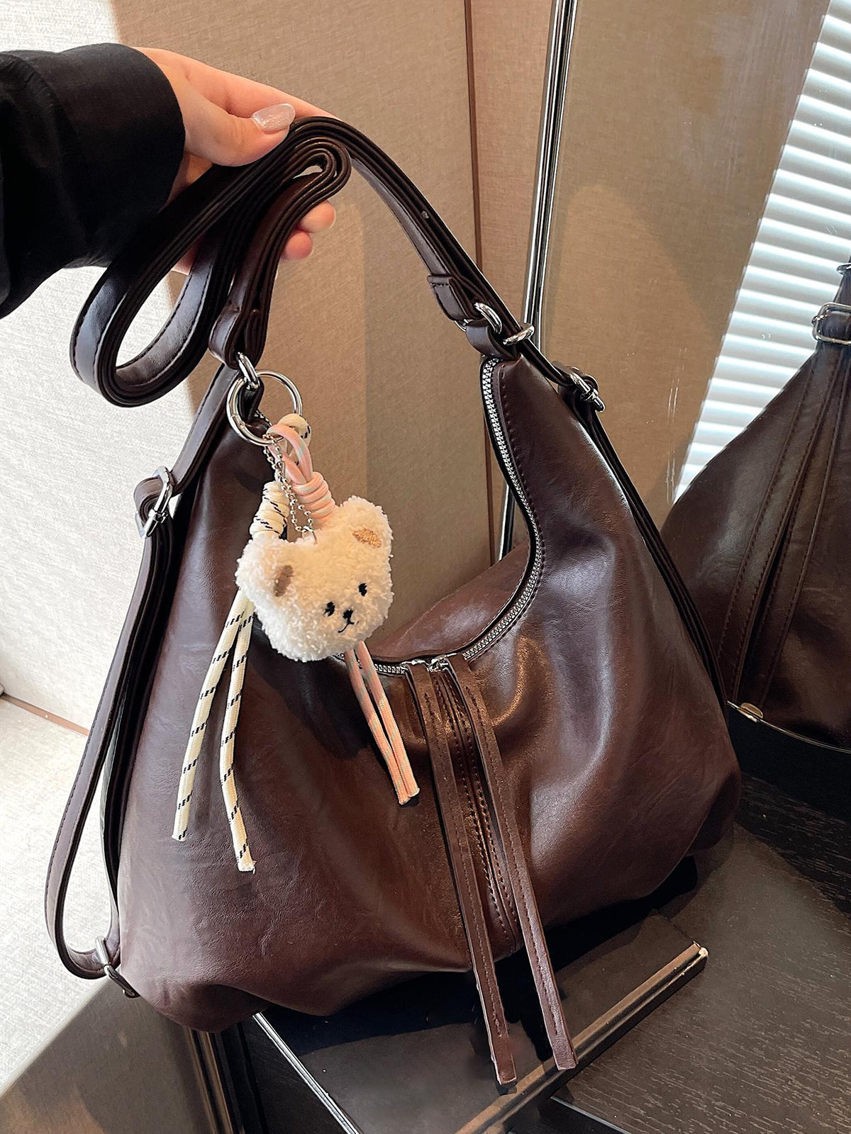 Retro Crescent Shoulder Bag with Bear Pendant