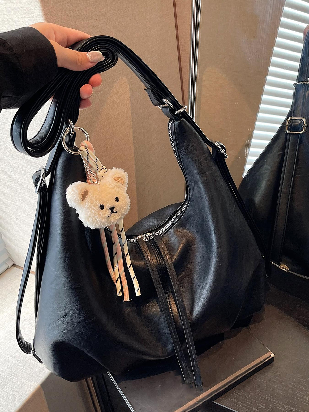 Retro Crescent Shoulder Bag with Bear Pendant
