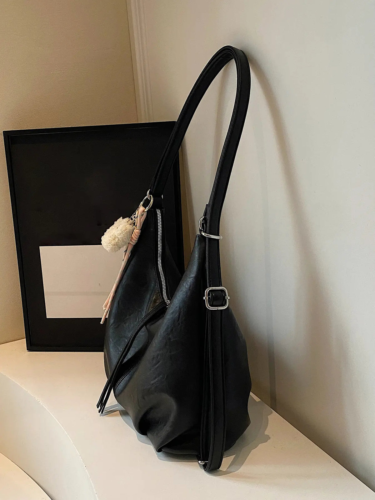 Retro Crescent Shoulder Bag with Bear Pendant