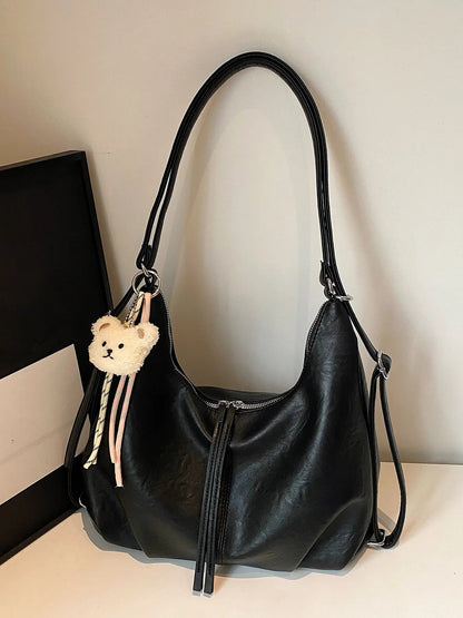 Retro Crescent Shoulder Bag with Bear Pendant