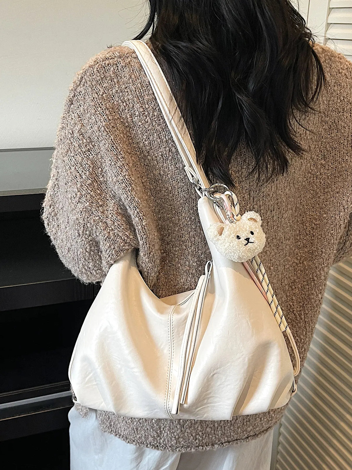 Retro Crescent Shoulder Bag with Bear Pendant