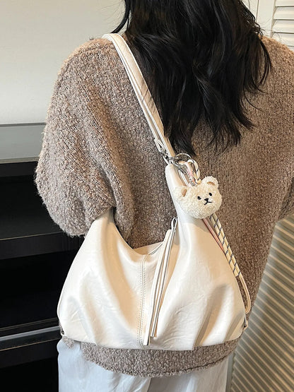 Retro Crescent Shoulder Bag with Bear Pendant