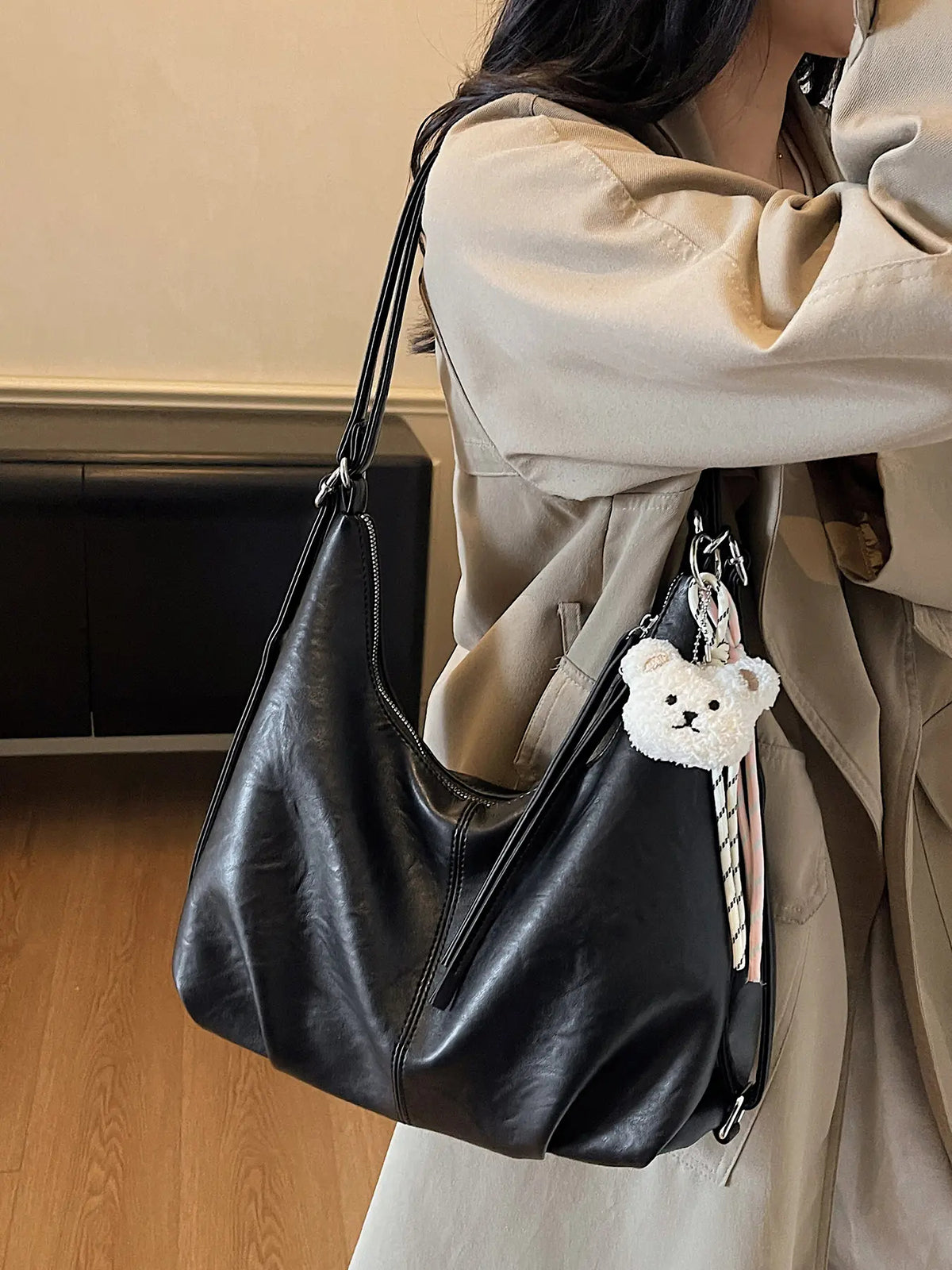 Retro Crescent Shoulder Bag with Bear Pendant