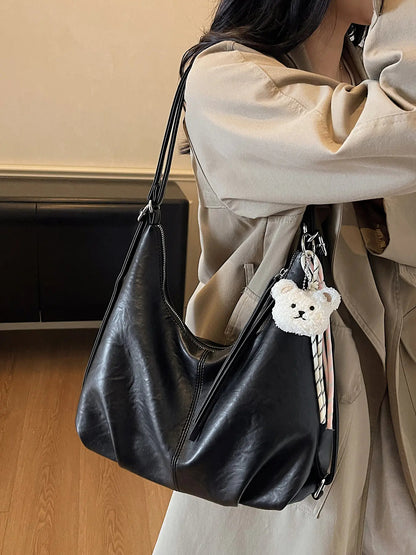 Retro Crescent Shoulder Bag with Bear Pendant