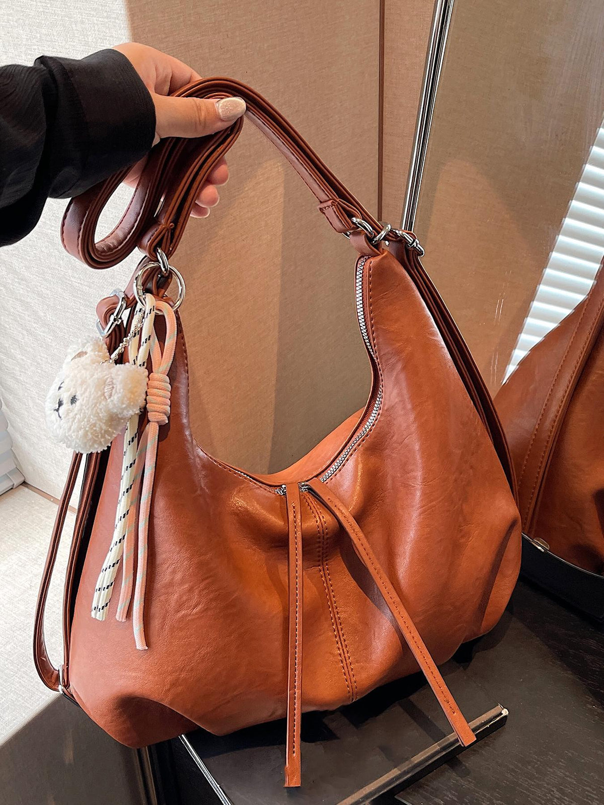 Retro Crescent Shoulder Bag with Bear Pendant