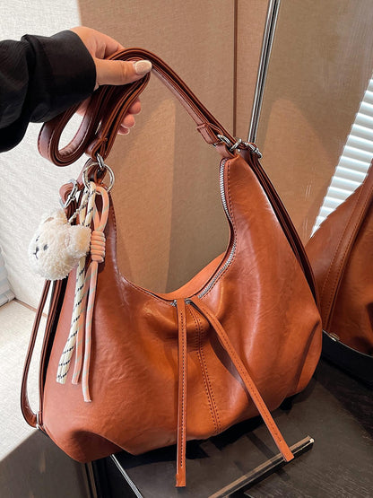 Retro Crescent Shoulder Bag with Bear Pendant